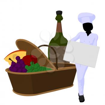 Royalty Free Clipart Image of a Female Chef With a Picnic Basket, Wine and a Sign