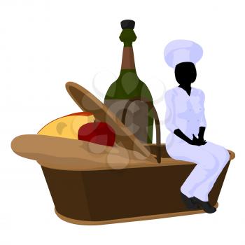 Royalty Free Clipart Image of a Female Chef With a Picnic Basket of Food and a Wine Bottle