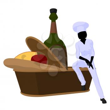 Royalty Free Clipart Image of a Female Chef With a Picnic Basket of Food and a Wine Bottle