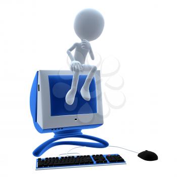 Royalty Free Clipart Image of a 3D Guy on a Computer