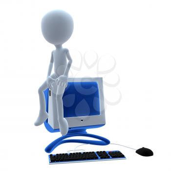 Royalty Free Clipart Image of a 3D Guy on a Computer