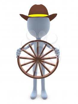 Royalty Free Clipart Image of a 3D Guy Holding a Wagon Wheel