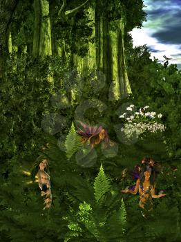 Three fairies in a magical forest with birds and dragonflies
