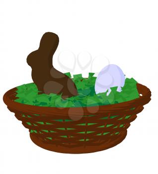 Easter basket with a chocolate bunny and egg on a white background