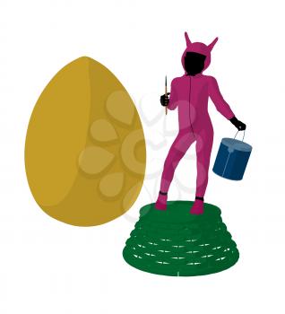 Royalty Free Clipart Image of a Child in a Bunny Costume Painting an Egg