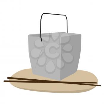 Royalty Free Clipart Image of a Takeout Container, Chopsticks and a Plate