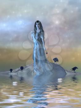 Beautiful female surrounded by water and crows