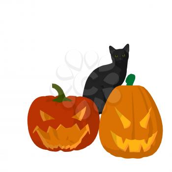 Royalty Free Clipart Image of a Black Cat on Carved Pumpkins