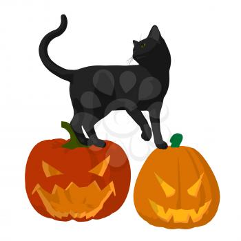 Royalty Free Clipart Image of a Black Cat on Carved Pumpkins