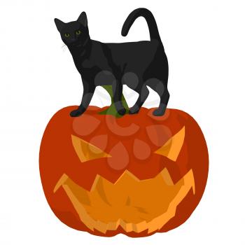 Royalty Free Clipart Image of a Cat on a Pumpkin