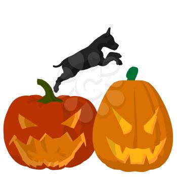 Royalty Free Clipart Image of a Dog and Jack-o-Lanterns