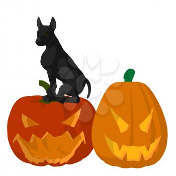 Royalty Free Clipart Image of a Dog and Jack-o-Lanterns