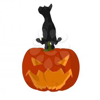 Royalty Free Clipart Image of a Black Dog on a Carved Pumpkin
