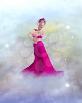 Woman standing on celestial clouds