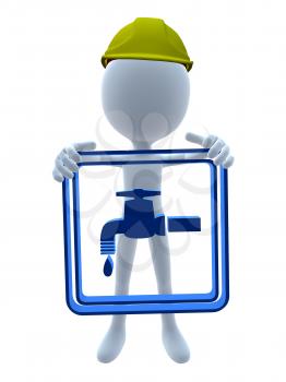 Royalty Free Clipart Image of a 3D Man in a Hardhat Holding a Sign With a Dripping Tap