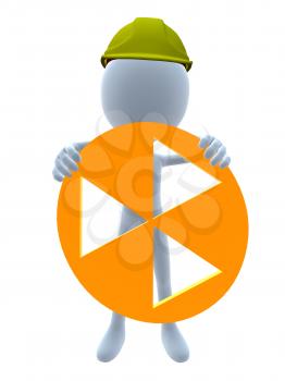 Royalty Free Clipart Image of a 3D Guy in a Hardhat Holding a Hazard Sign