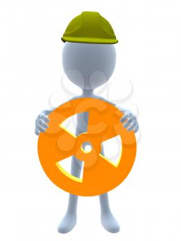 Royalty Free Clipart Image of a 3D Man in a Hardhat Holding a Hazard Sign