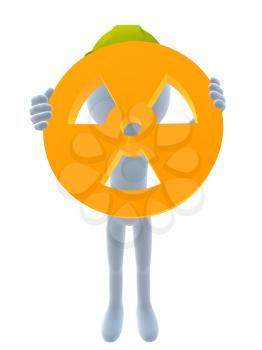Royalty Free Clipart Image of a 3D Man in a Hardhat Holding a Hazard Sign