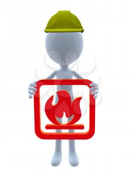 Royalty Free Clipart Image of a Guy in a 3D Hat Holding a Fire Sign