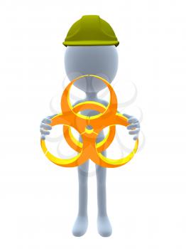 Royalty Free Clipart Image of a 3D Guy Wearing a Hardhat Holding a Hazard Sign
