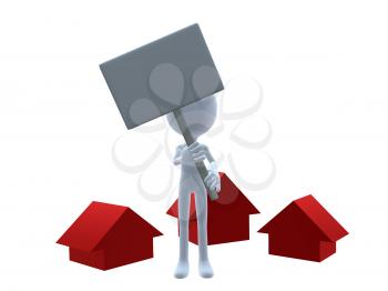 Royalty Free Clipart Image of a 3D Man Holding a Sign Beside Three Red Houses