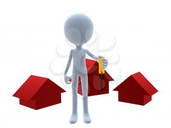 Royalty Free Clipart Image of a 3D Man Holding a Sign Beside Three Red Houses