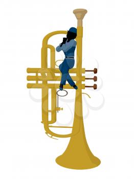 Royalty Free Clipart Image of a Woman on a Large Trumpet