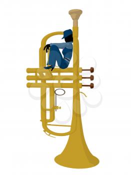 Royalty Free Clipart Image of a Woman on a Large Trumpet
