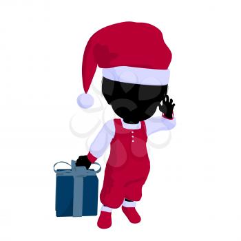 Royalty Free Clipart Image of a Baby Girl in a Santa Costume Holding a Gift