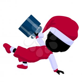 Royalty Free Clipart Image of a Baby Girl in a Santa Costume Holding a Gift