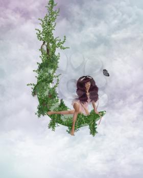 Royalty Free Clipart Image of a Fairy Sitting on a Vine