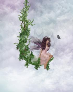 Royalty Free Clipart Image of a Fairy Sitting on a Vine Looking at a Butterfly