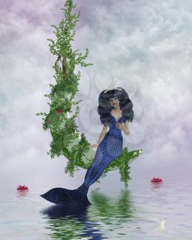 Royalty Free Clipart Image of a Mermaid Sitting on a Vine