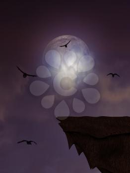 Royalty Free Clipart Image of a Cliff and Crows Flying in Front of a Full Moon