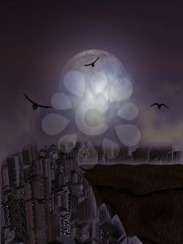 Royalty Free Clipart Image of a Full Moon and a Ledge Overlooking a City