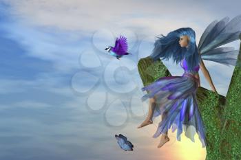 Fairy sitting on a tree with a bird and butterfly