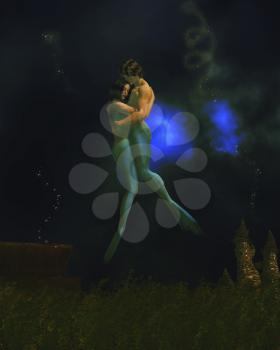 Mermaid man and woman embracing
