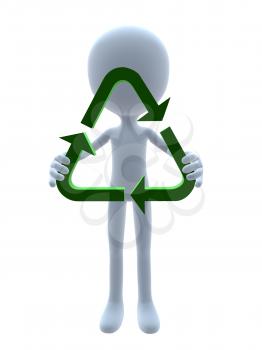 Royalty Free Clipart Image of a 3D Guy With a Recycling Symbol