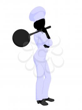Female chef holding a skillet silhouette on a white background