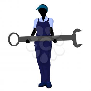 African american female mechanic with a wrench illustration silhouette on a white background