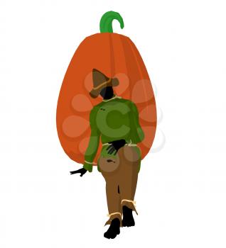 Royalty Free Clipart Image of a Scarecrow and a Pumpkin