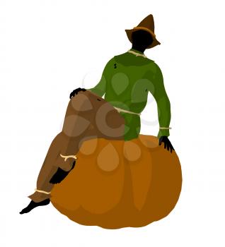 Royalty Free Clipart Image of a Scarecrow on a Pumpkin
