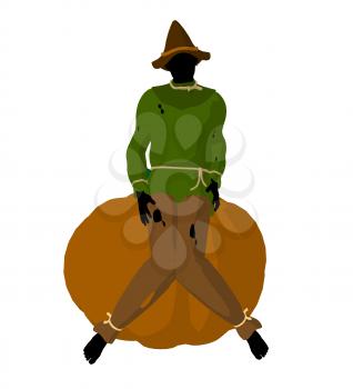 Royalty Free Clipart Image of a Scarecrow on a Pumpkin