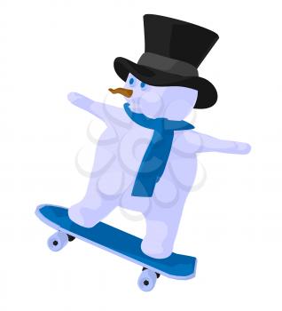 Snowman skateboarding on a white background