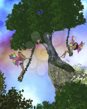 Two fairies swing on swings in a magical enchanted forest