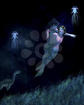 Mermaid boy and girl swiming under the sea