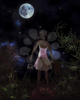 Little girl finding her way home by the light of the moon