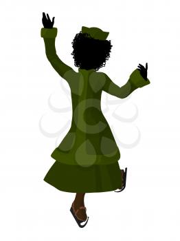 African american victorian girl on ice skates silhouette on a white background