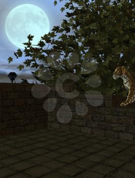Royalty Free Clipart Image of Leopards and Crows Under a Full Moon