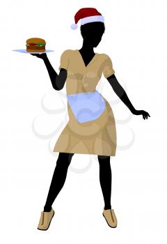 Royalty Free Clipart Image of a Waitress in a Santa Hat